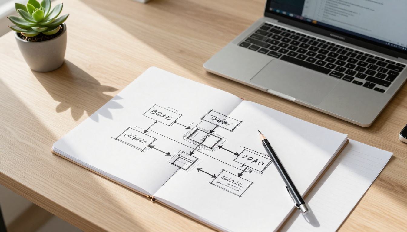Developer architecture diagram on paper with laptop
