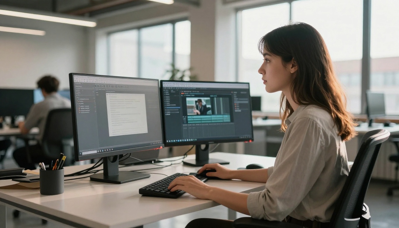 Woman at standing desk managing multiple workflows