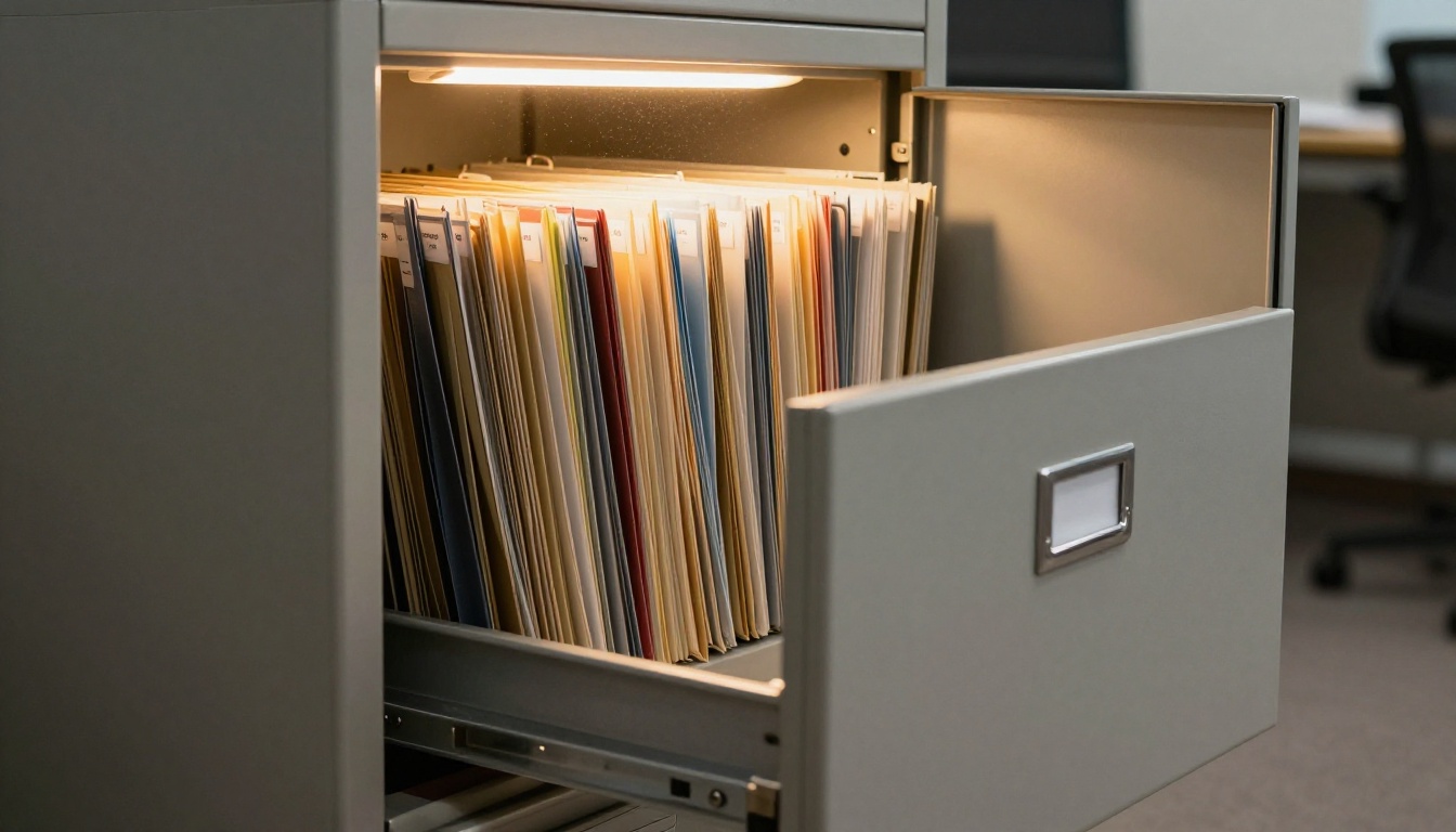 Filing cabinet with color-coded folders representing memory systems