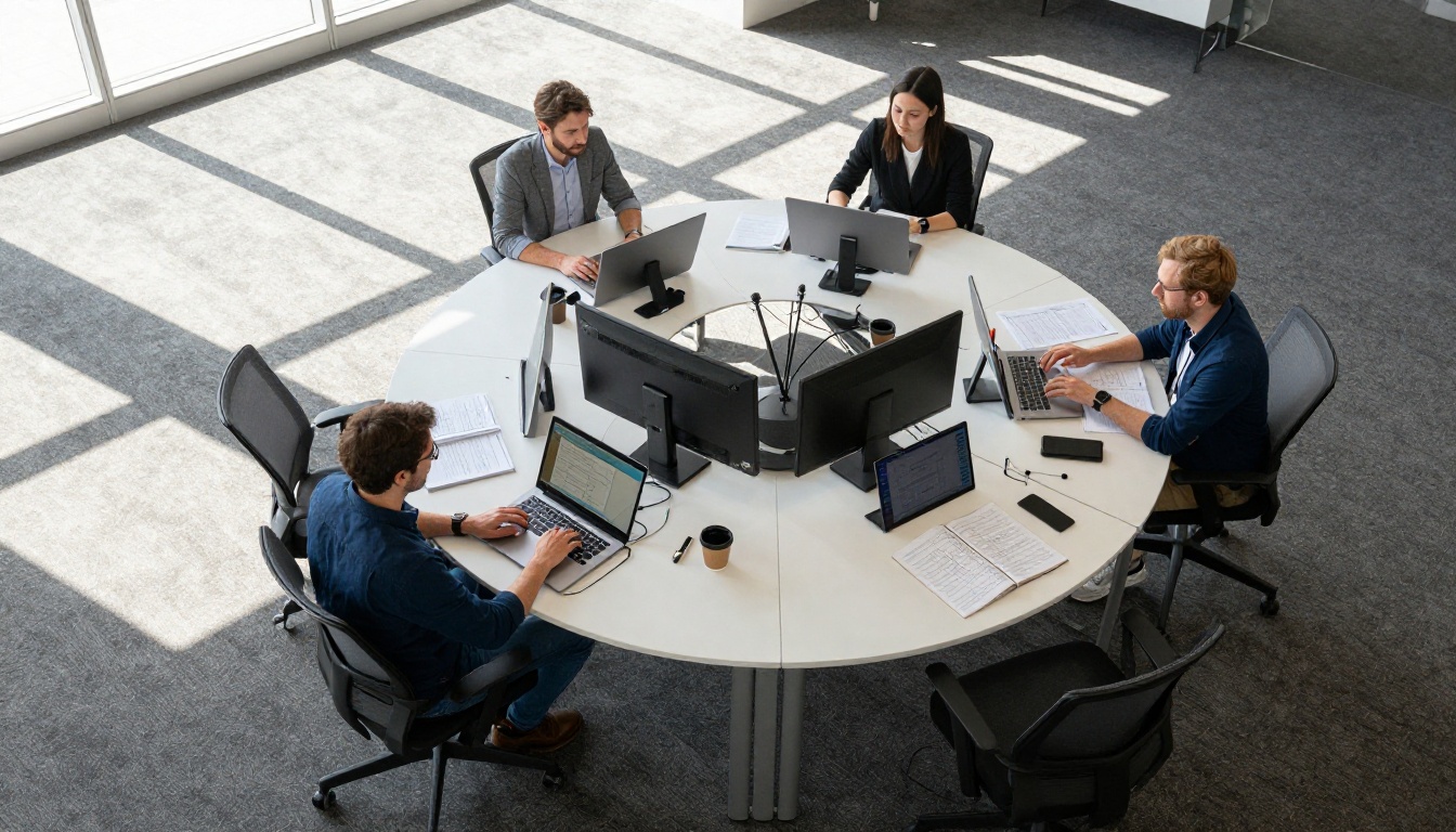 Aerial view of collaborative tech workspace