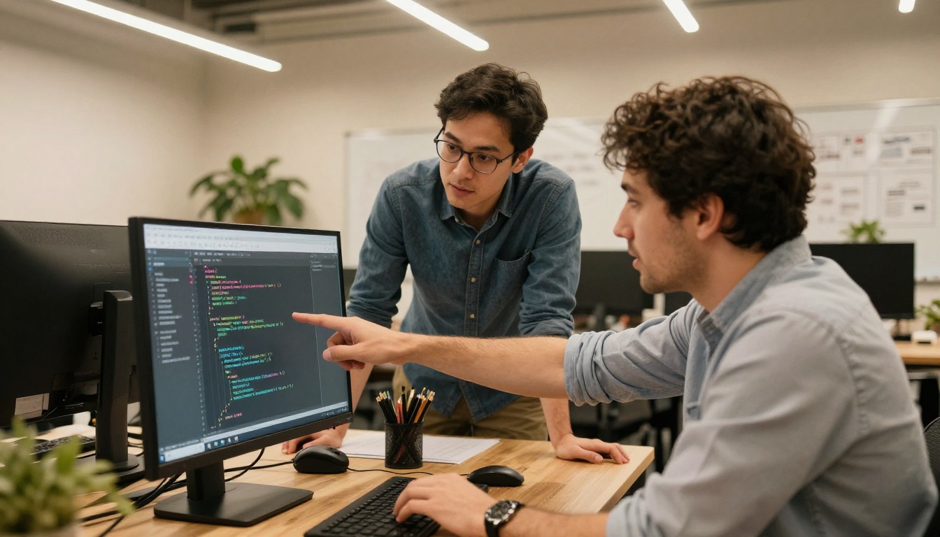 Two engineers collaborating at a shared monitor