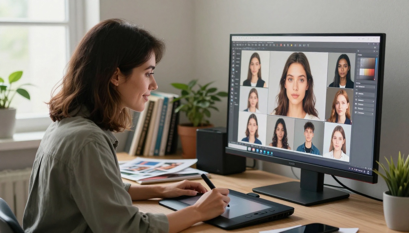Female designer reviewing AI-generated image grid on workstation
