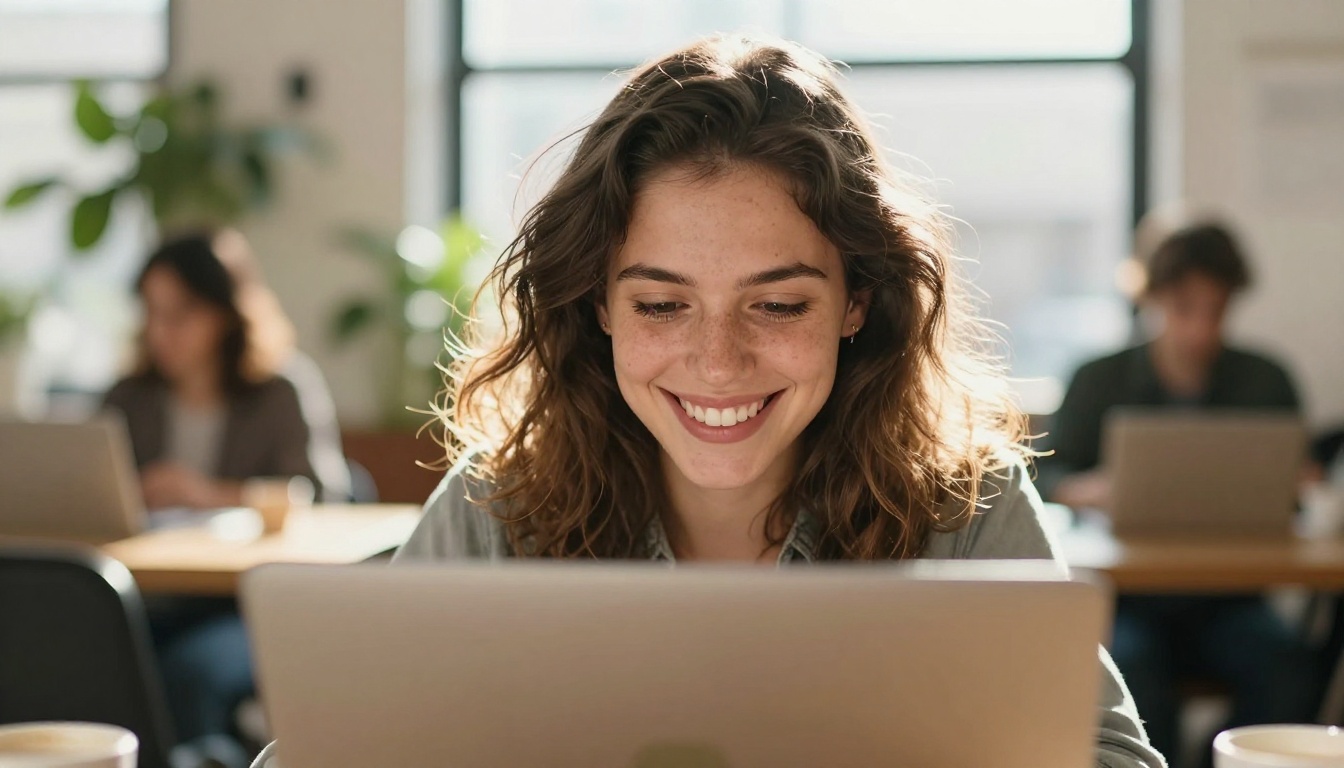 Woman smiling while using a laptop at a co-working space