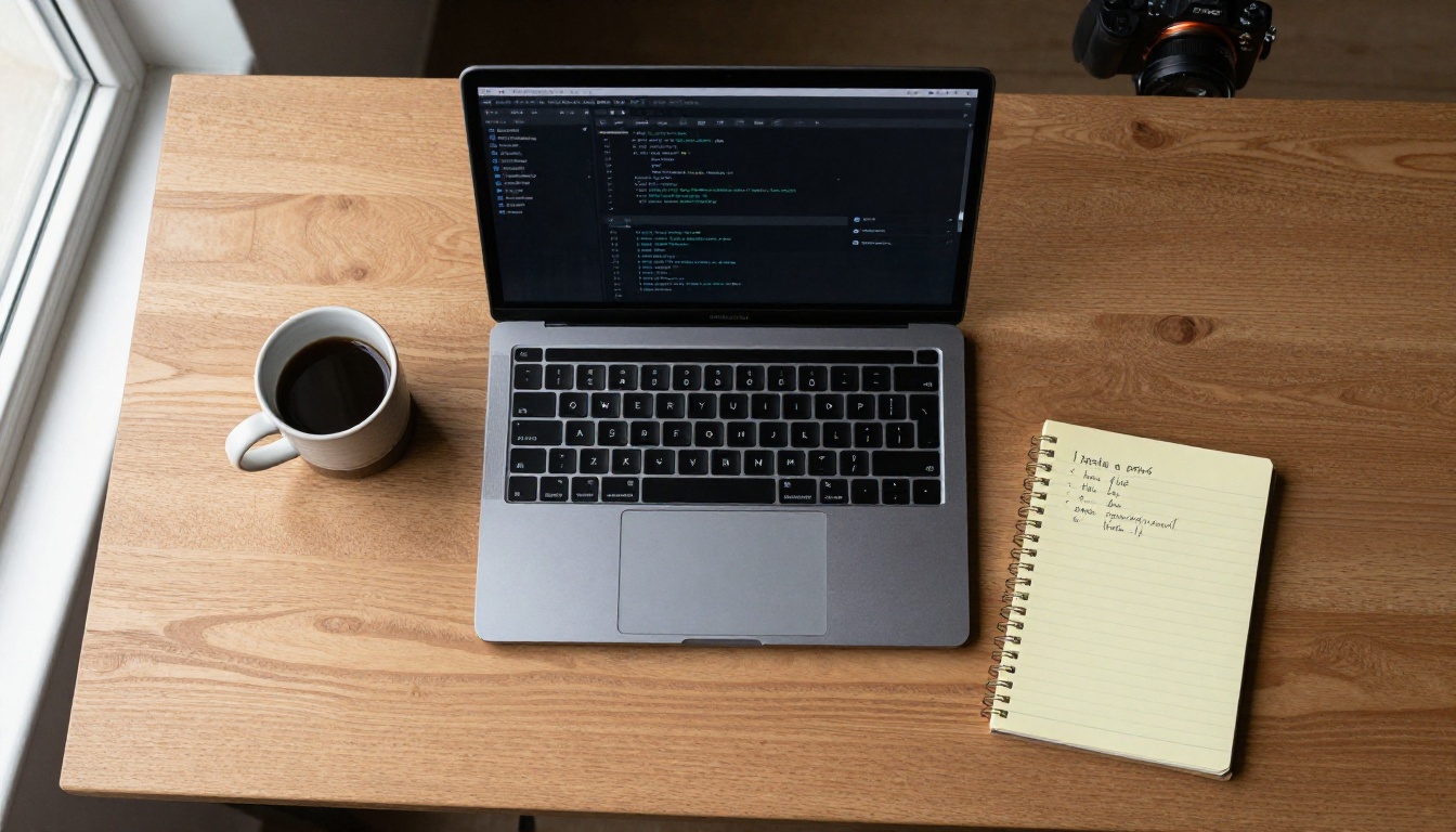 Overhead view of developer workspace