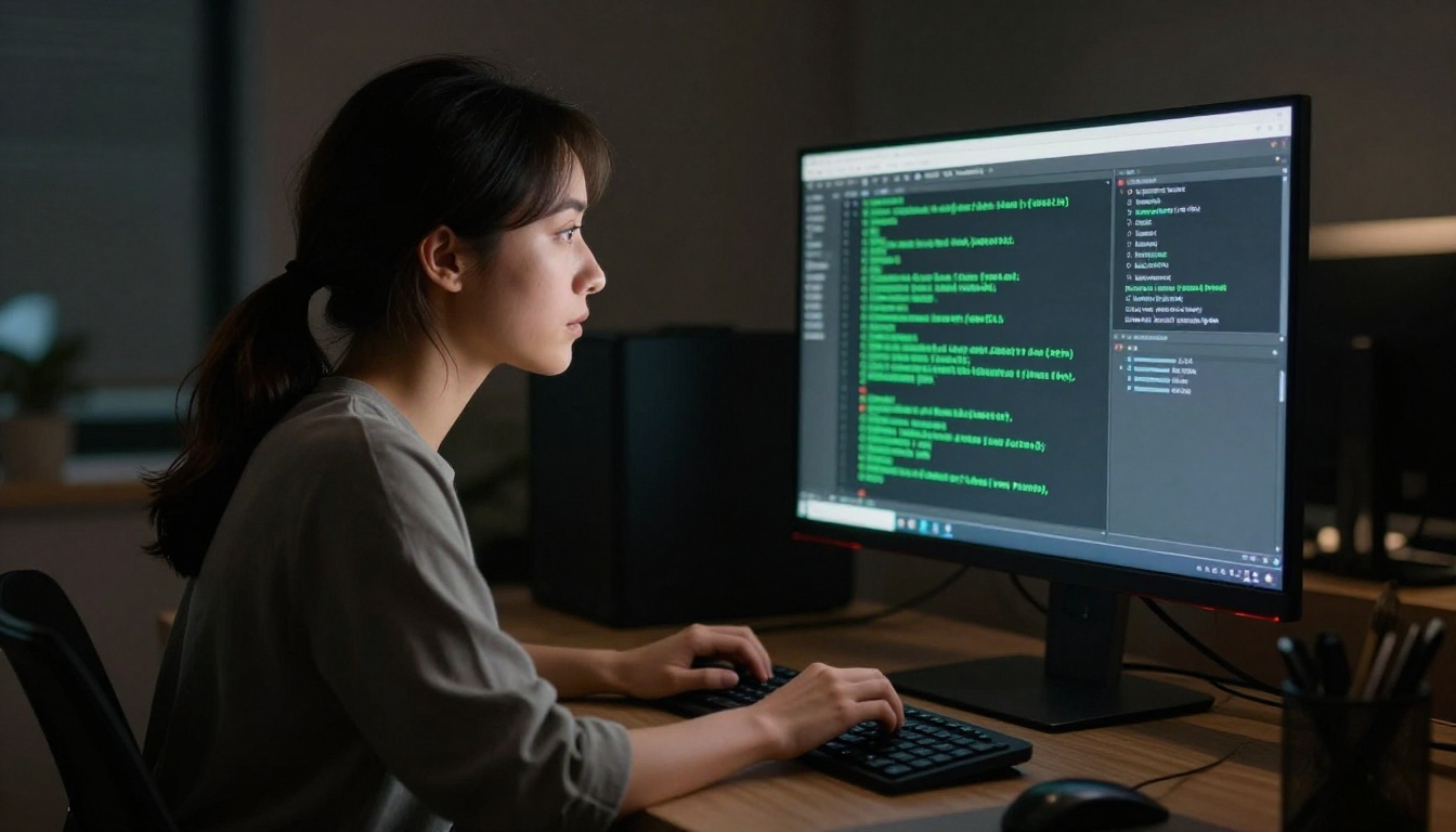 Female developer focused at terminal screen