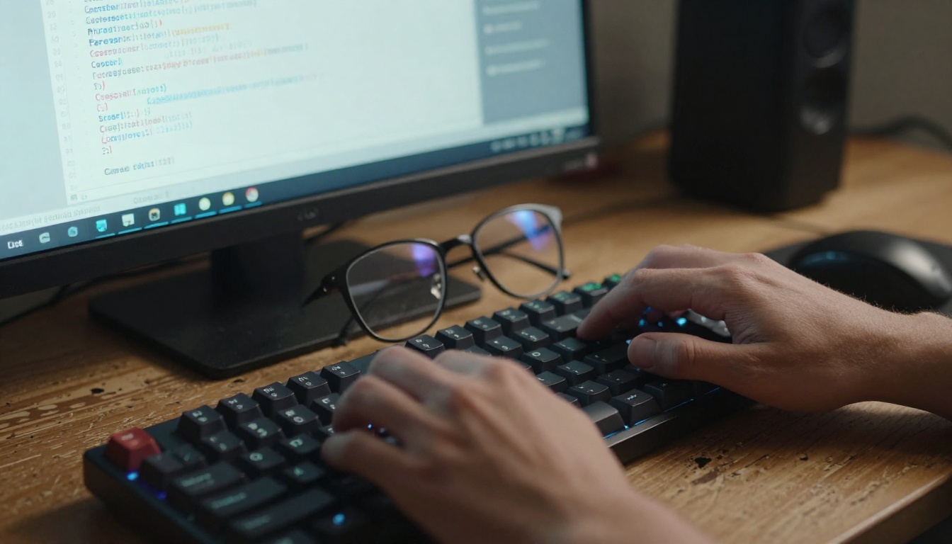 Developer workspace with multiple monitors showing code and terminal windows