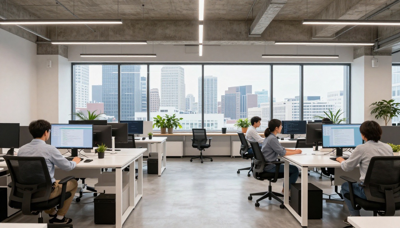 Two developers collaborating at standing desk