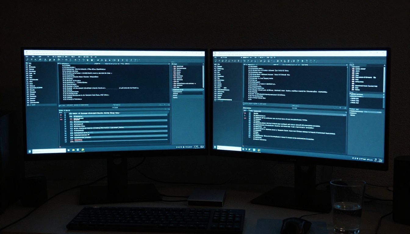 Low-angle view of dual developer monitors