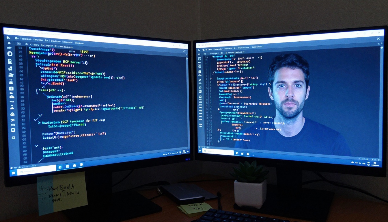 Low-angle view of dual monitors showing TypeScript MCP server code and running localhost server