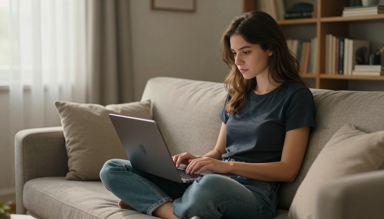 Female developer working from home sofa