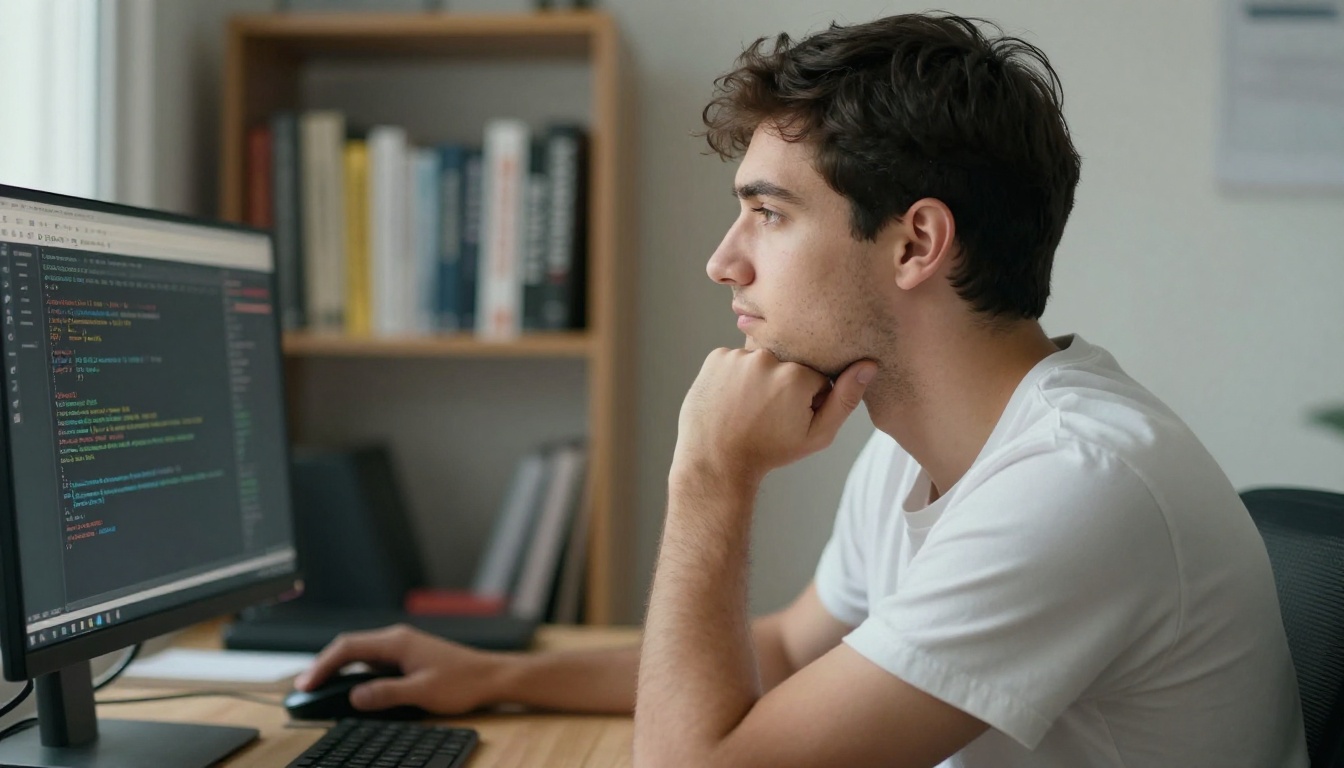 Side profile of focused developer in ergonomic chair reviewing a JSON config file