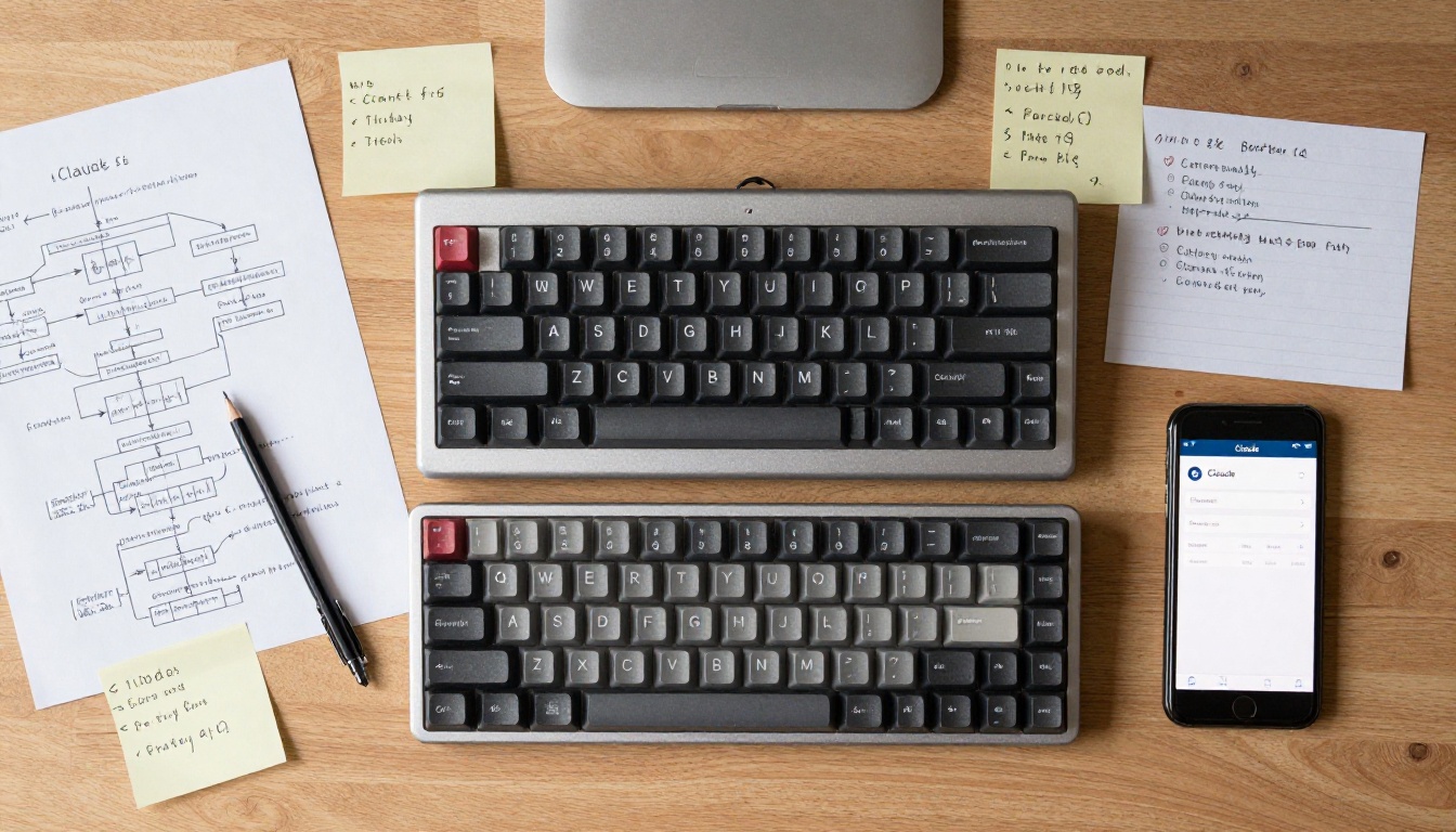 Aerial top-down flat lay of developer workstation with keyboard, notebook, and architecture diagrams