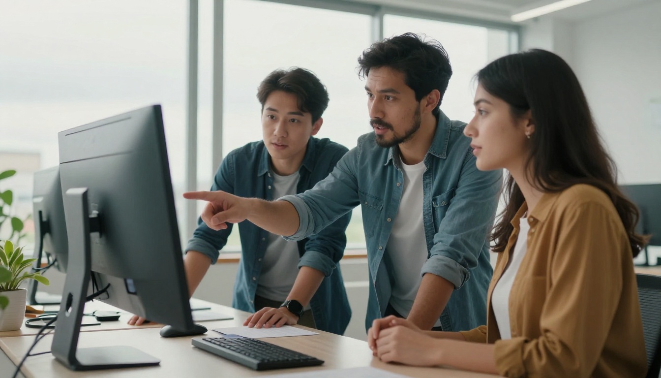 Two developers collaborating over shared monitor