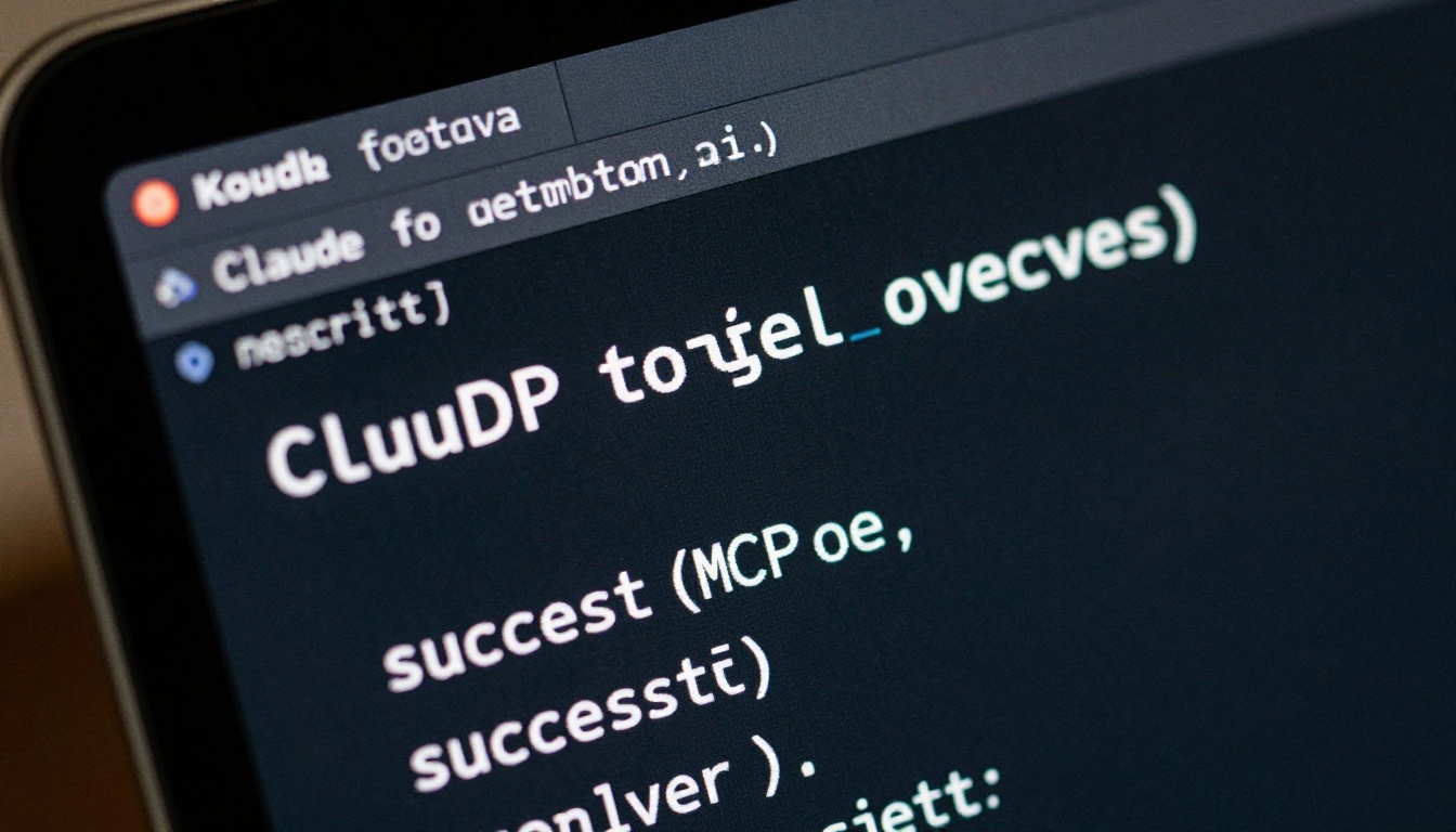 Extreme close-up of laptop screen showing successful MCP server connection message