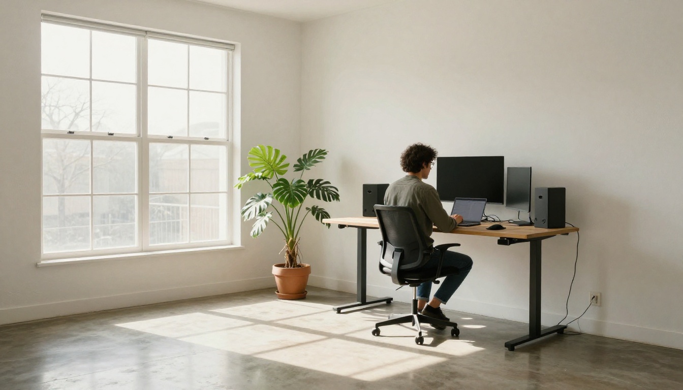 Minimalist standing desk home office flooded with morning light from large windows