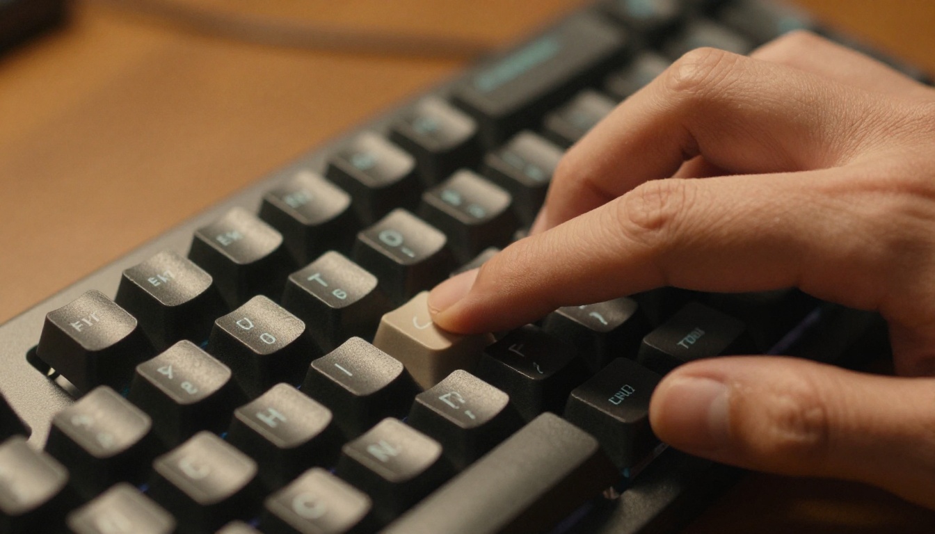 Developer fingers mid-keystroke on a backlit mechanical keyboard, macro close-up with terminal in background