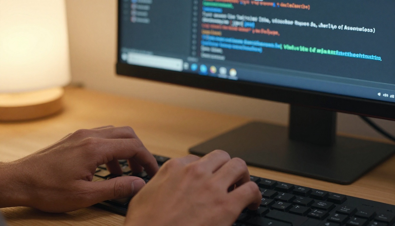 Developer's hands hovering over keyboard with TypeScript tool definitions highlighted on monitor