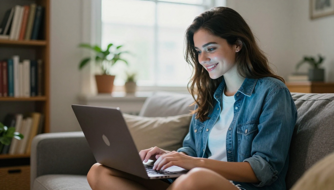 Young woman developer smiling at laptop in casual home setting with bookshelves and plants