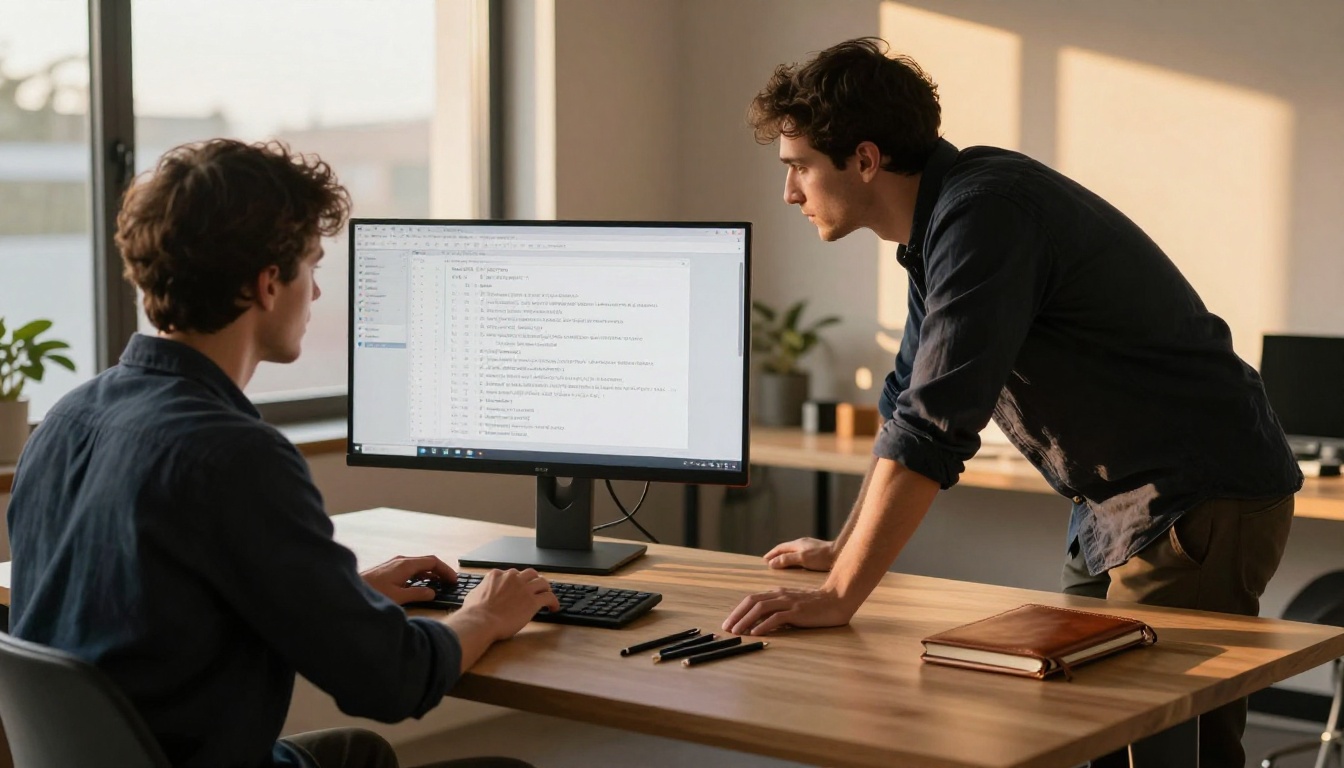 Developer at a standing desk reviewing a configuration file on a large monitor in golden afternoon window light