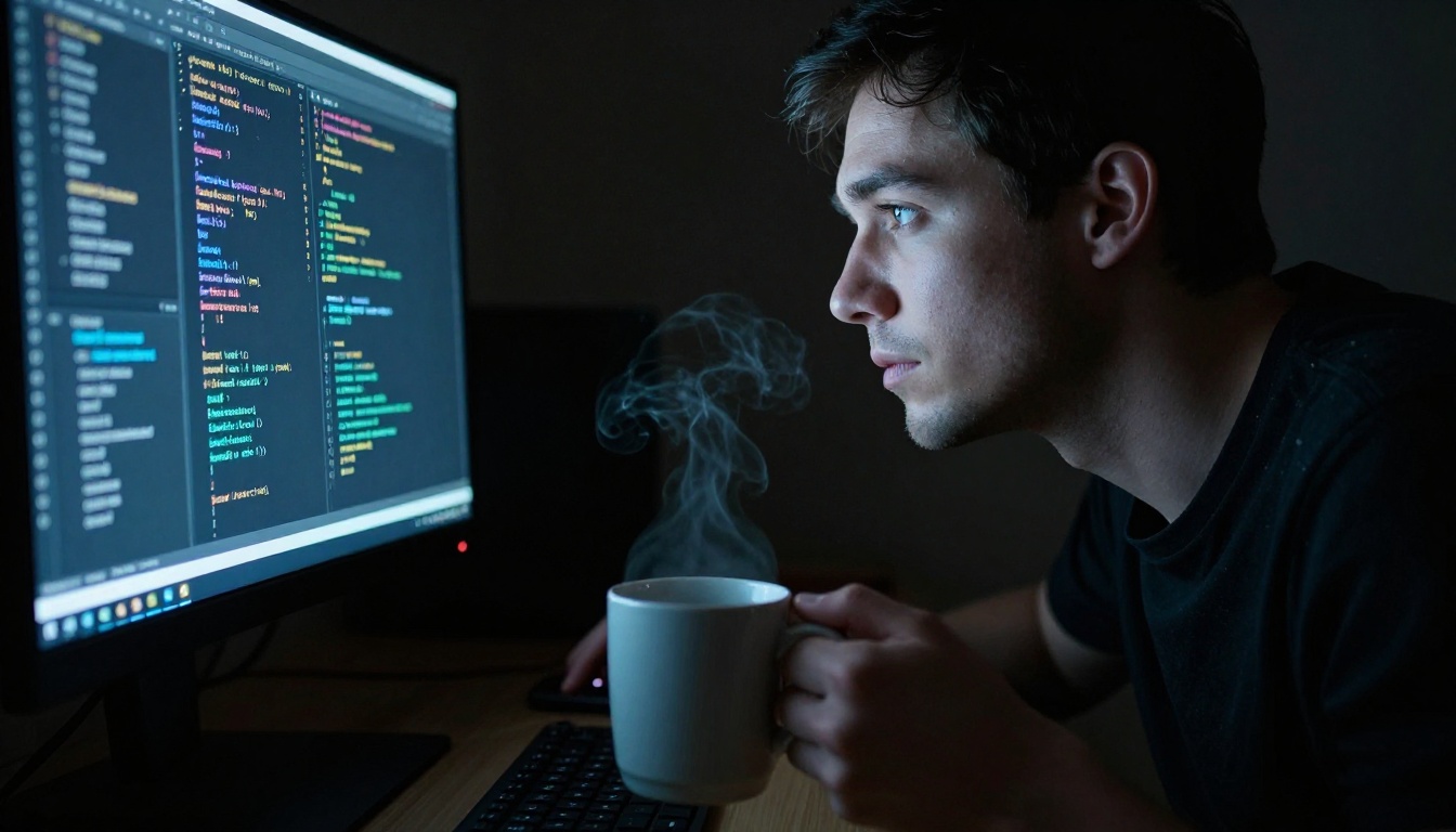 Developer's face illuminated by monitor glow in near-darkness, low-angle cinematic shot with keyboard in blurred foreground