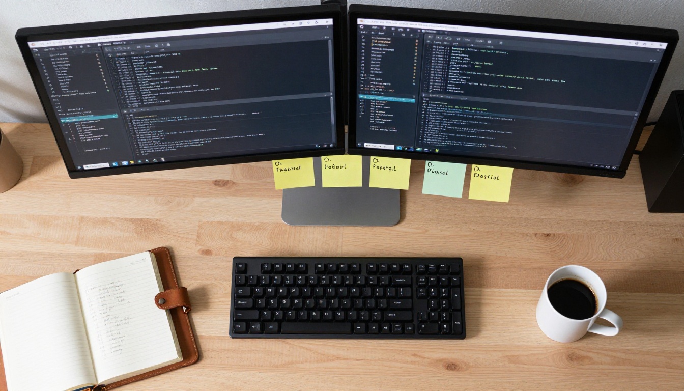 Aerial top-down view of a developer's full workstation, two monitors with code, leather journal and color-coded sticky notes visible