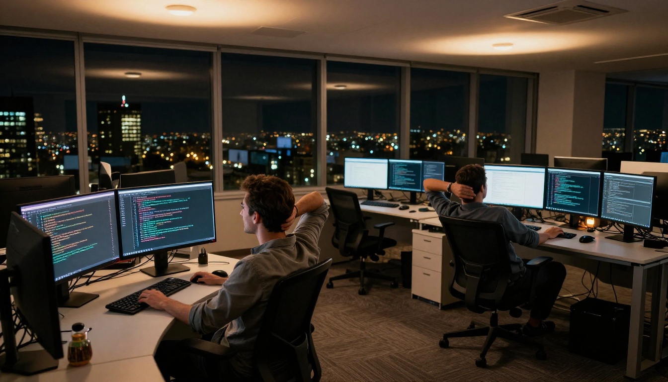Developer at night in a dark professional office, multiple terminal windows showing scrolling output, city lights through tall windows behind