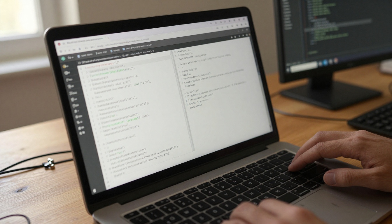 Developer's laptop showing a terminal split-pane layout, warm afternoon light from a left window, fingerprint smudges on aluminum palm rest