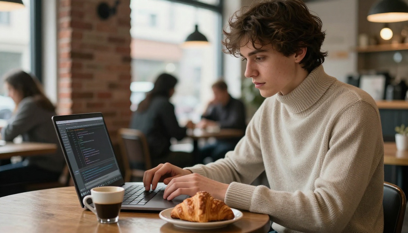 Young developer at a cafe table with laptop and espresso, overcast natural window light, focused expression, turtleneck sweater