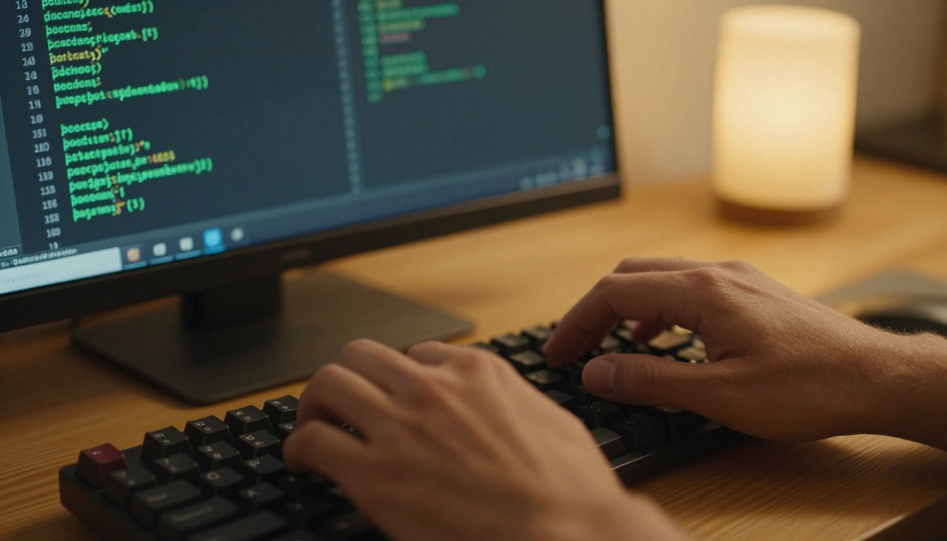 Developer with fingers on mechanical keyboard, terminal glowing green in background