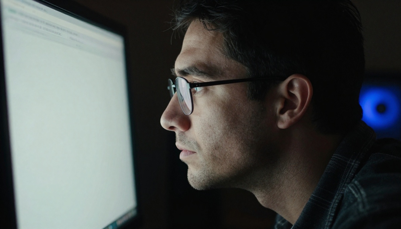 Side-profile of a developer's face in complete darkness, monitor glow reflecting across glasses lens, documentary film grain