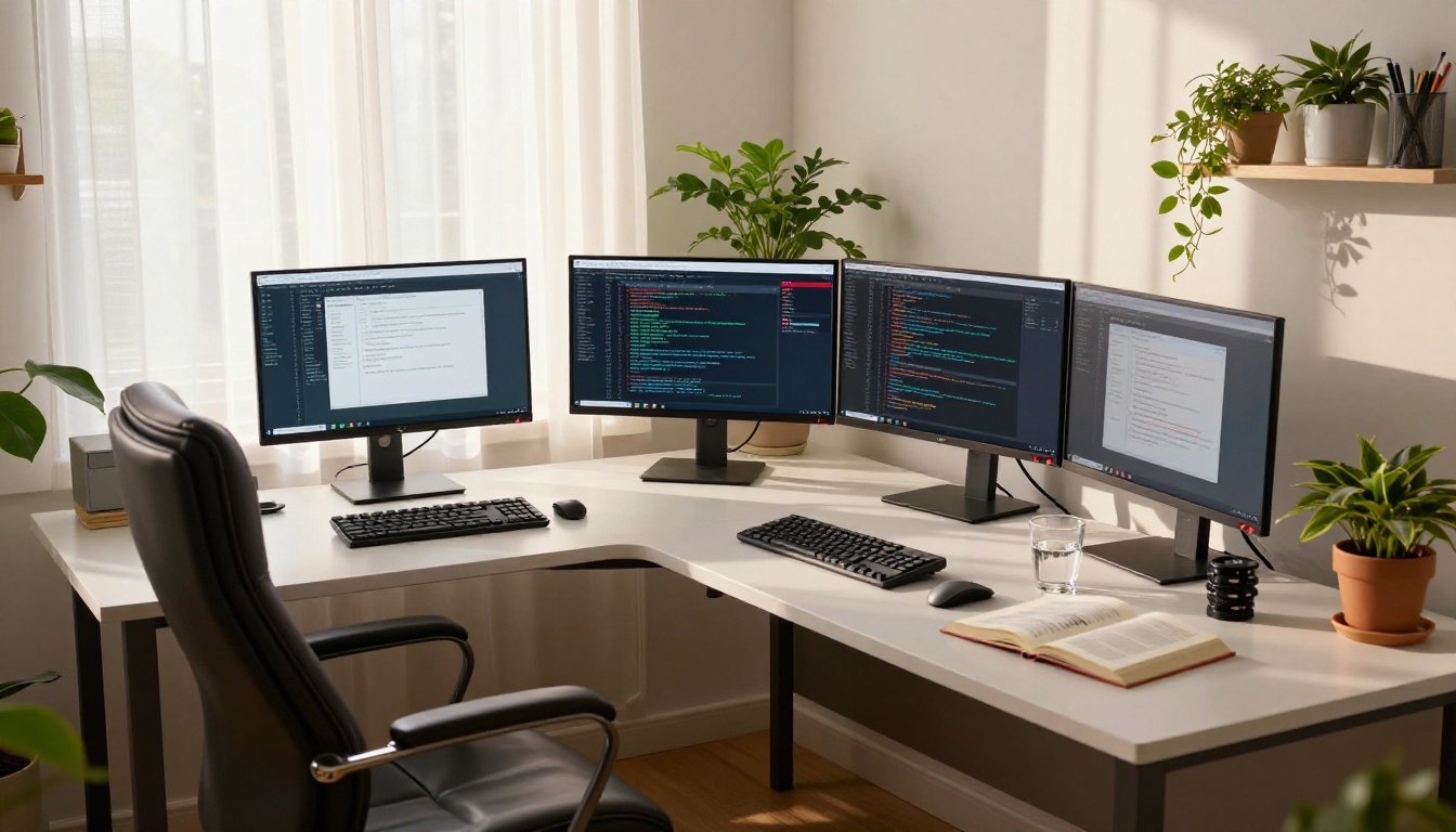 Beautiful wide home office with three monitors in morning light, developer seated in leather chair, houseplants casting leaf shadows on white walls