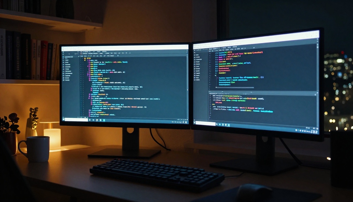 Dual monitor workstation at night with terminal and code editor glowing blue