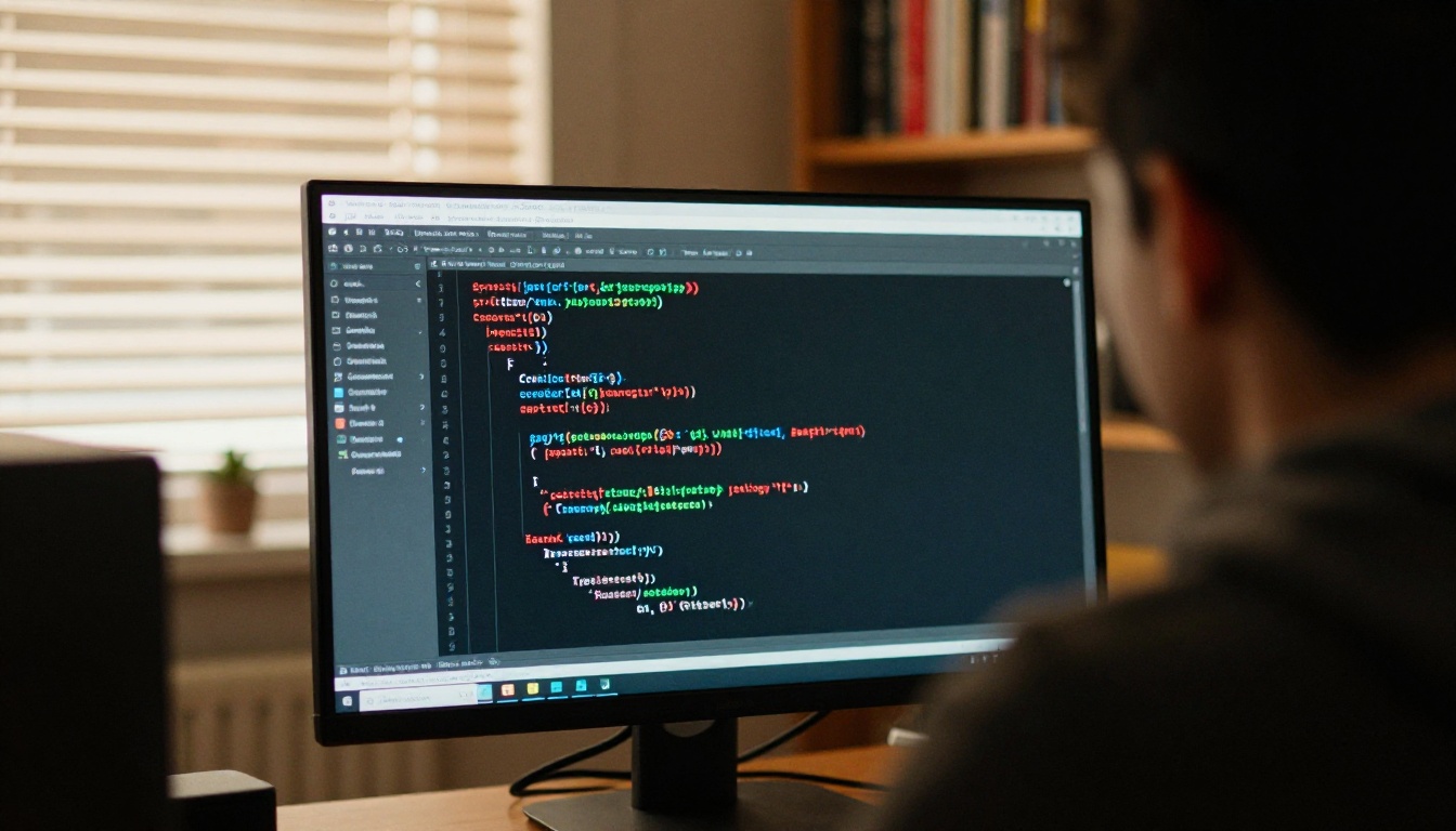 Developer reviewing code from over-the-shoulder angle with monitor in sharp focus