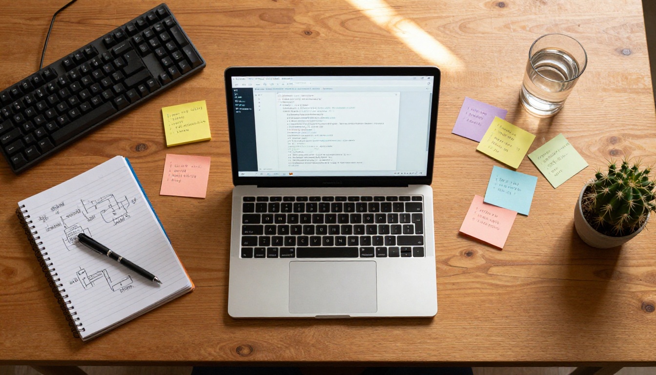 Aerial flat-lay view of developer desk with laptop, spiral notebook, and sticky notes