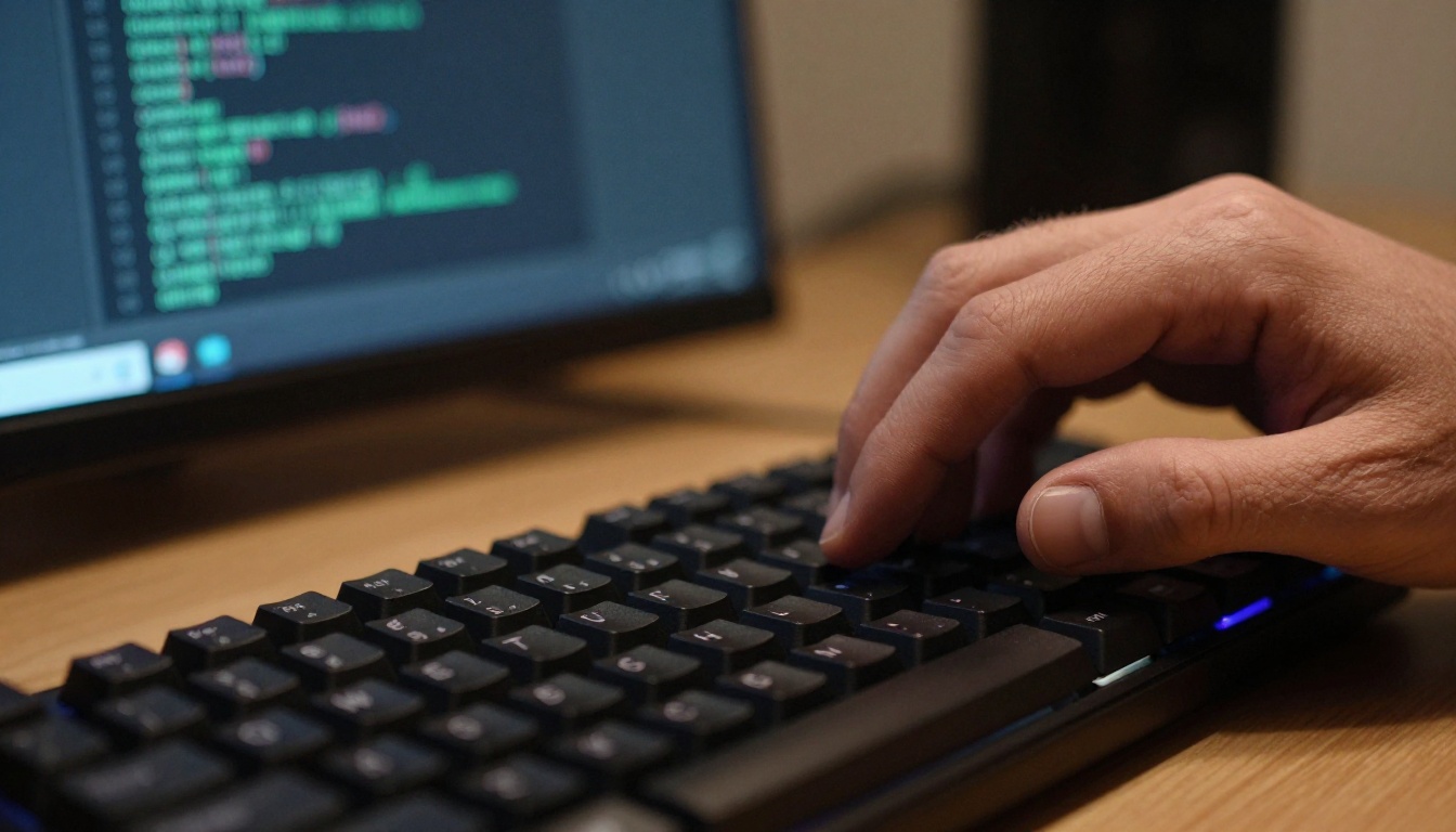 Hands typing on mechanical keyboard with AI terminal in background