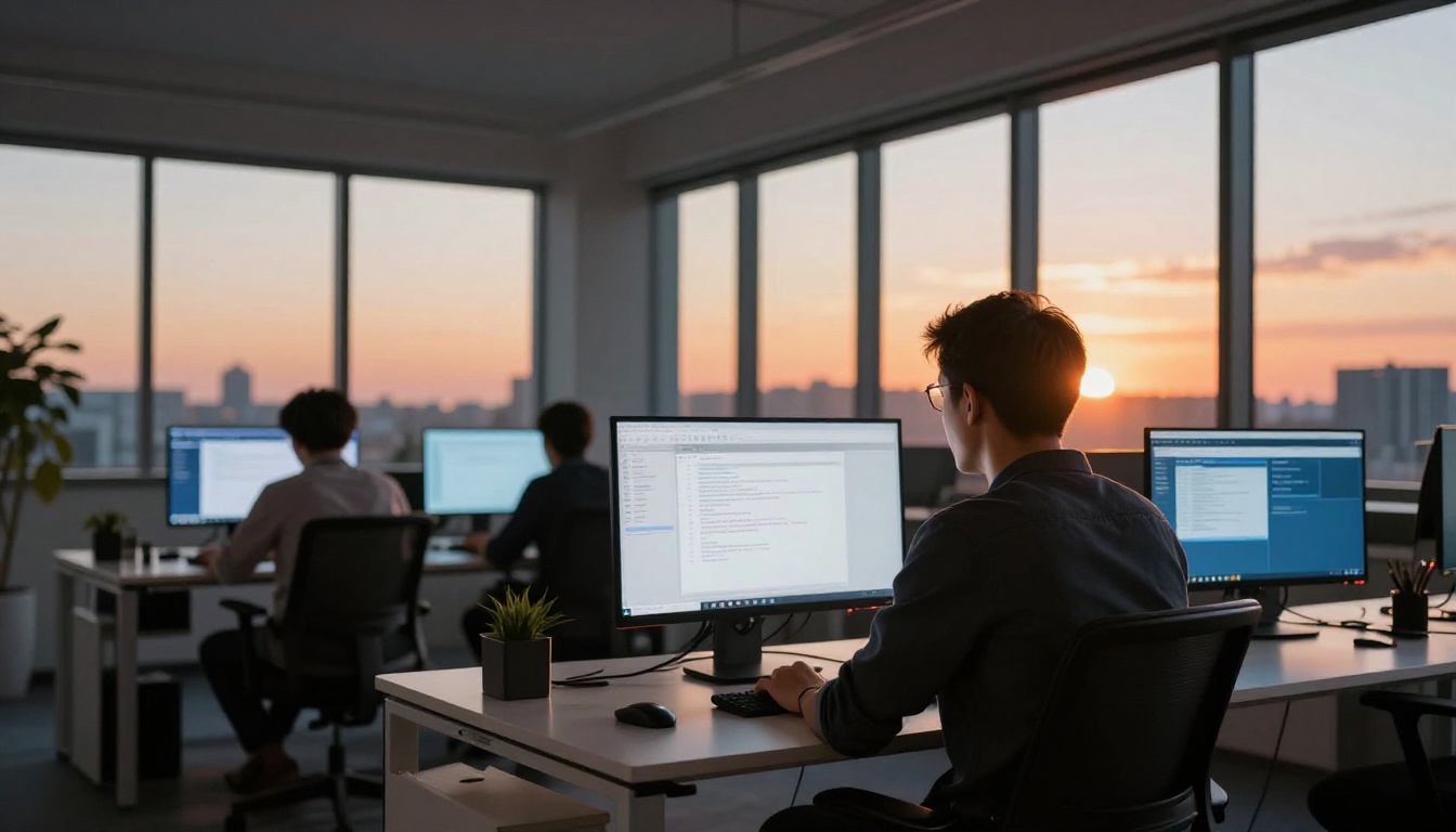 Wide open plan tech office at golden hour with developer at standing desk