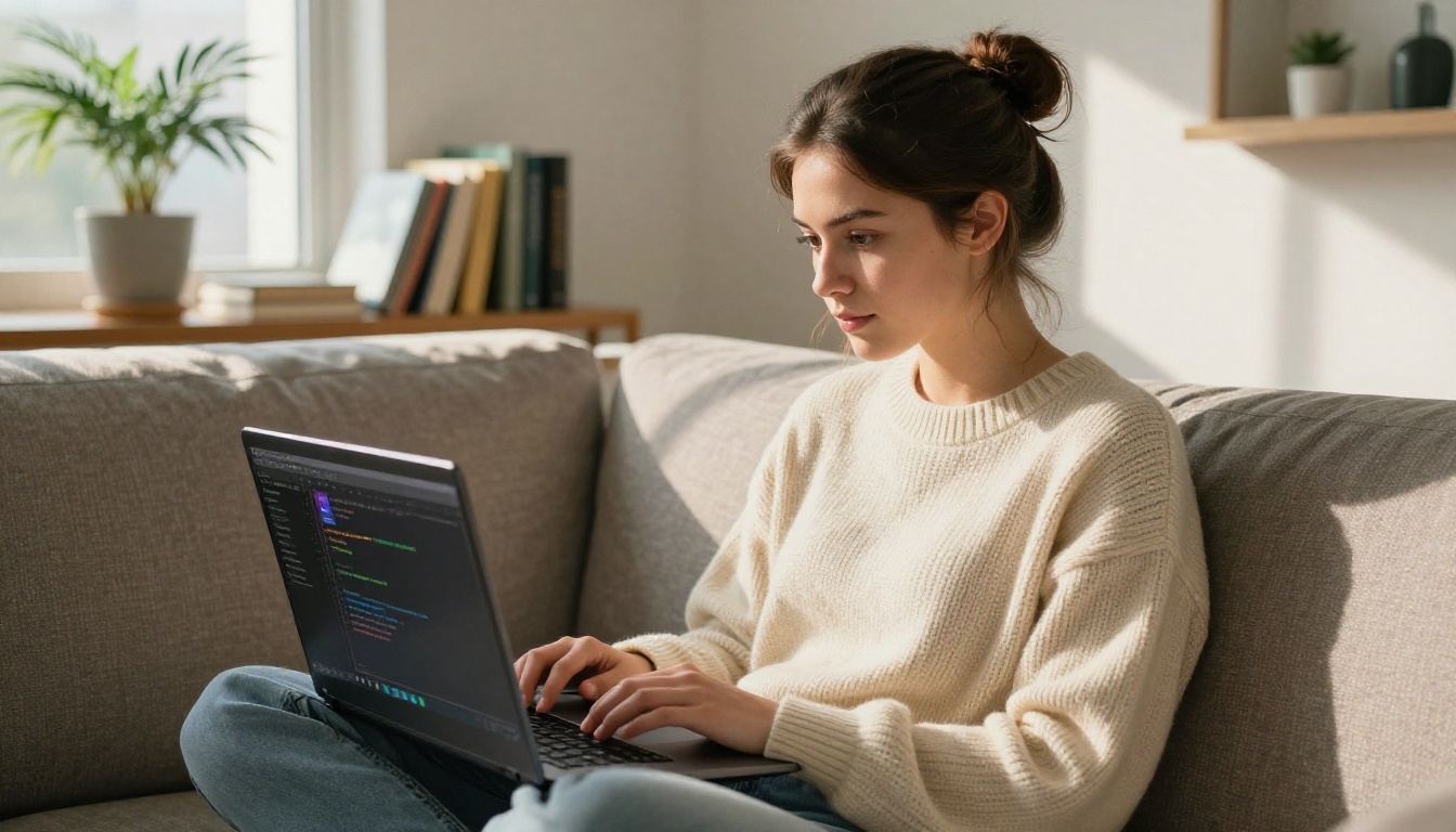 Female developer working on laptop cross-legged on couch in warm afternoon light