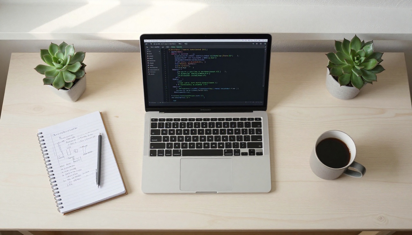 Aerial view of developer's desk with MacBook, notebook and coffee