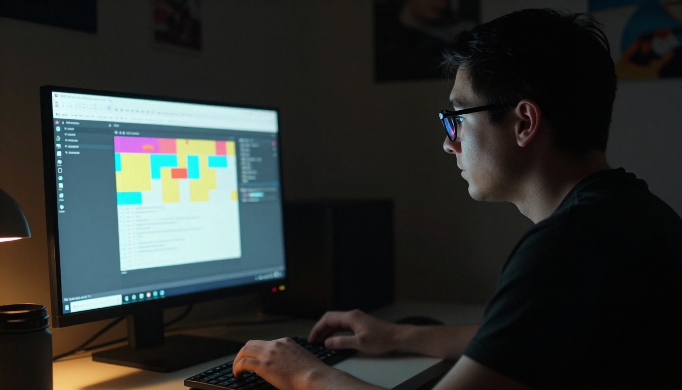 Developer working at desk in side profile with glasses catching the blue monitor glow