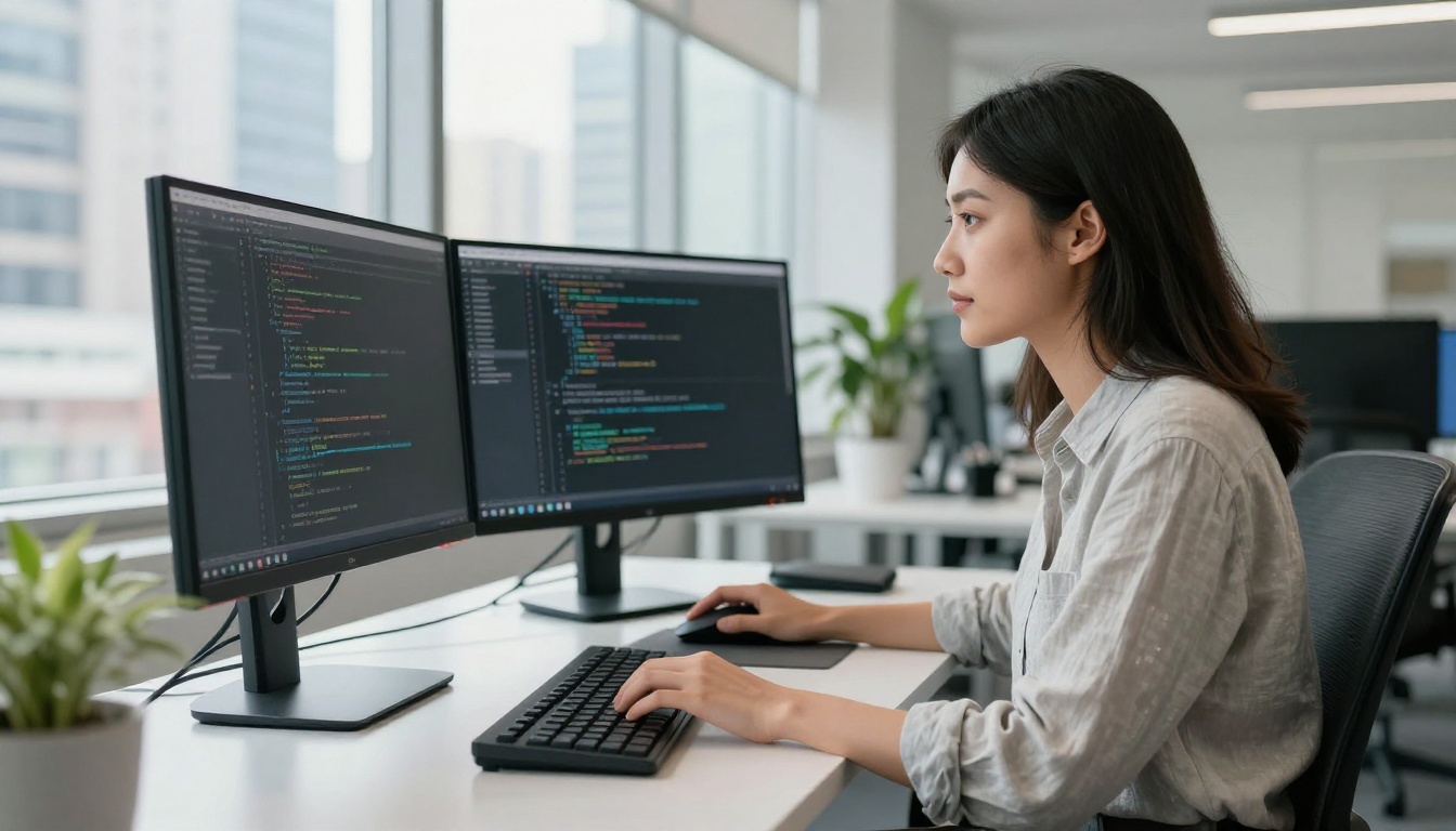 Female engineer at standing desk with city skyline background