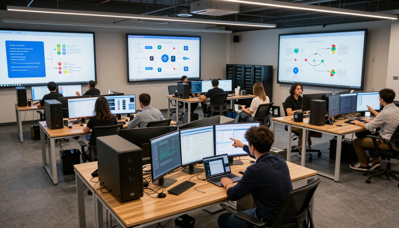 Developer workspace with Google Cloud architecture displayed on large screens