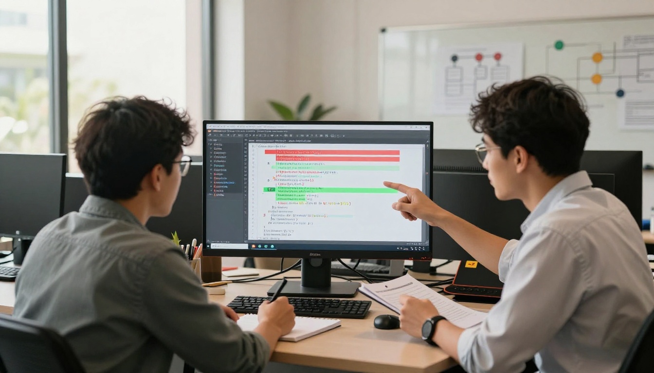 Two developers collaborating on code review together