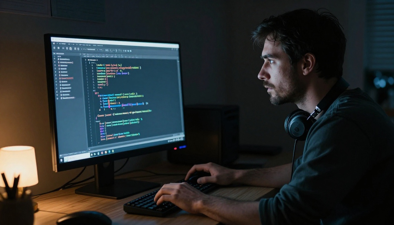 Developer working late at night by monitor glow