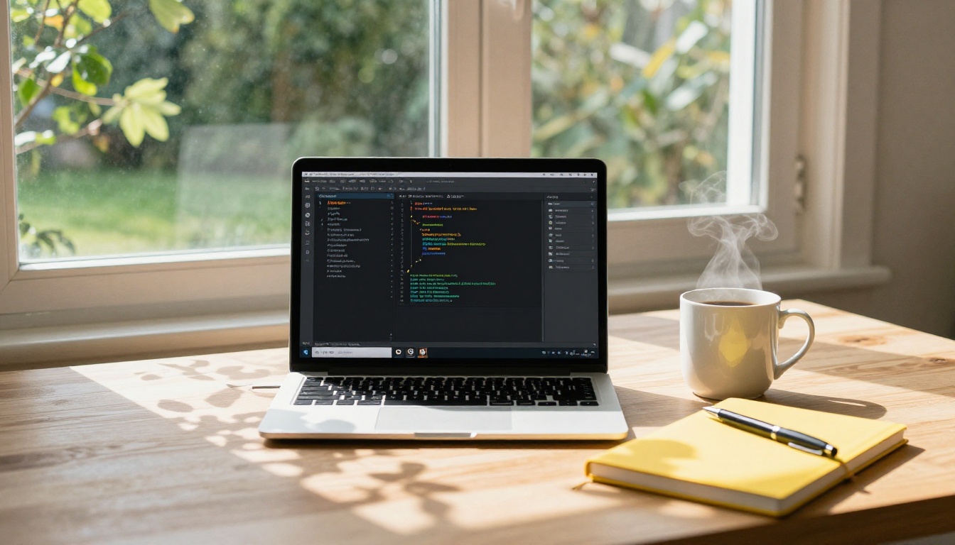 Remote work setup with laptop by garden window in morning light