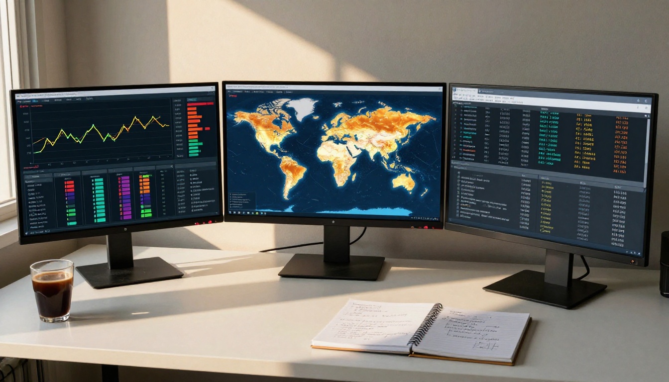 Data analytics workstation with three monitors showing dashboards and API response logs