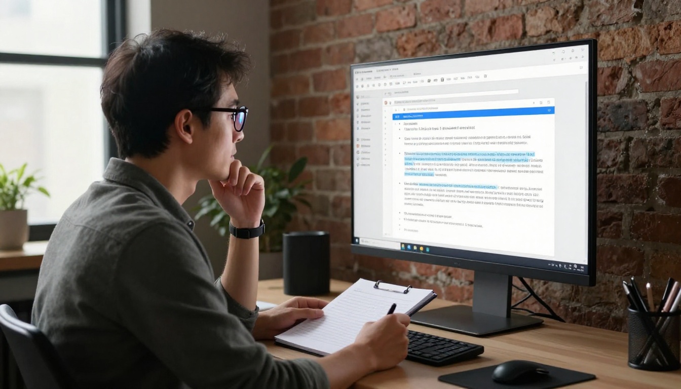 Developer at standing desk reviewing AI-generated content on a large vertical monitor