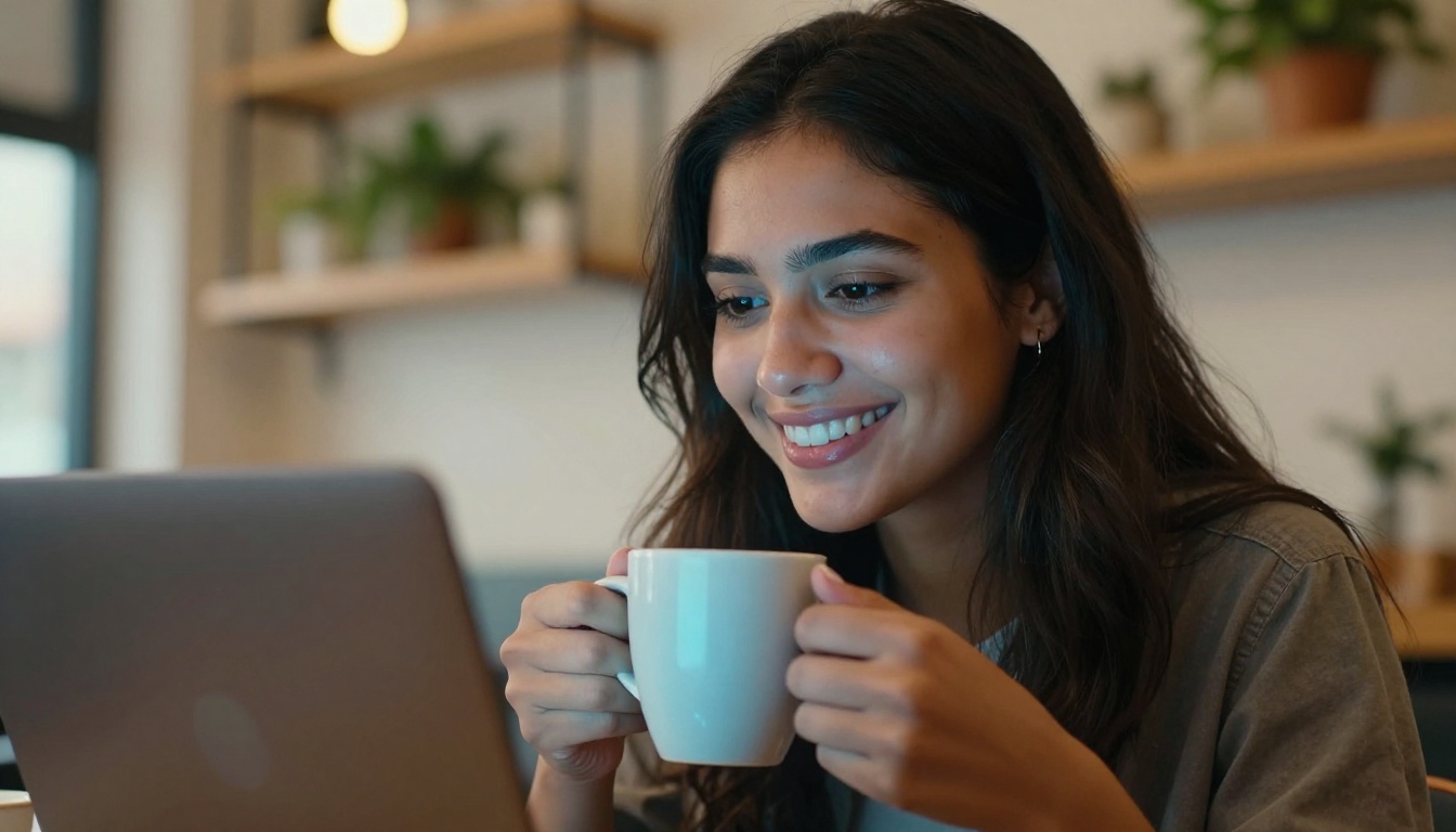 Developer smiling at a laptop screen in a warm cafe setting