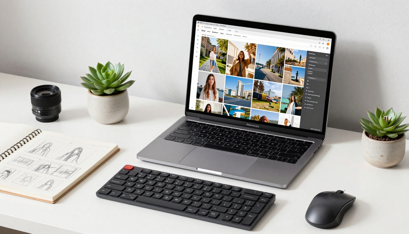 Aerial flat-lay of a creative AI work desk with laptop showing image generation interface and sketchbook
