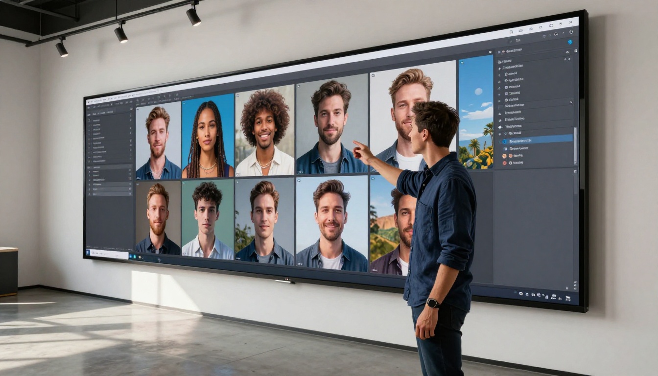 Developer standing before a gallery wall of AI-generated creative work, gesturing proudly