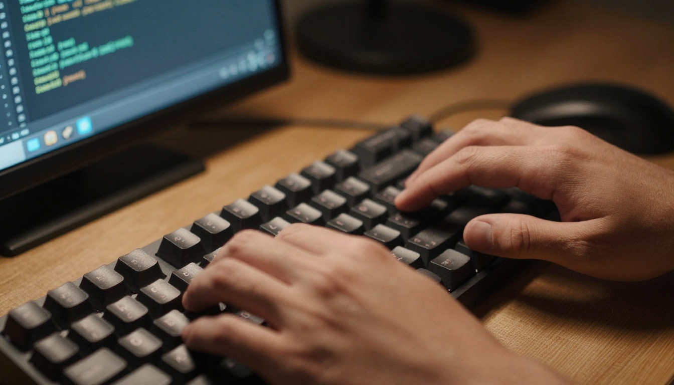 Developer coding with AI autocomplete at desk